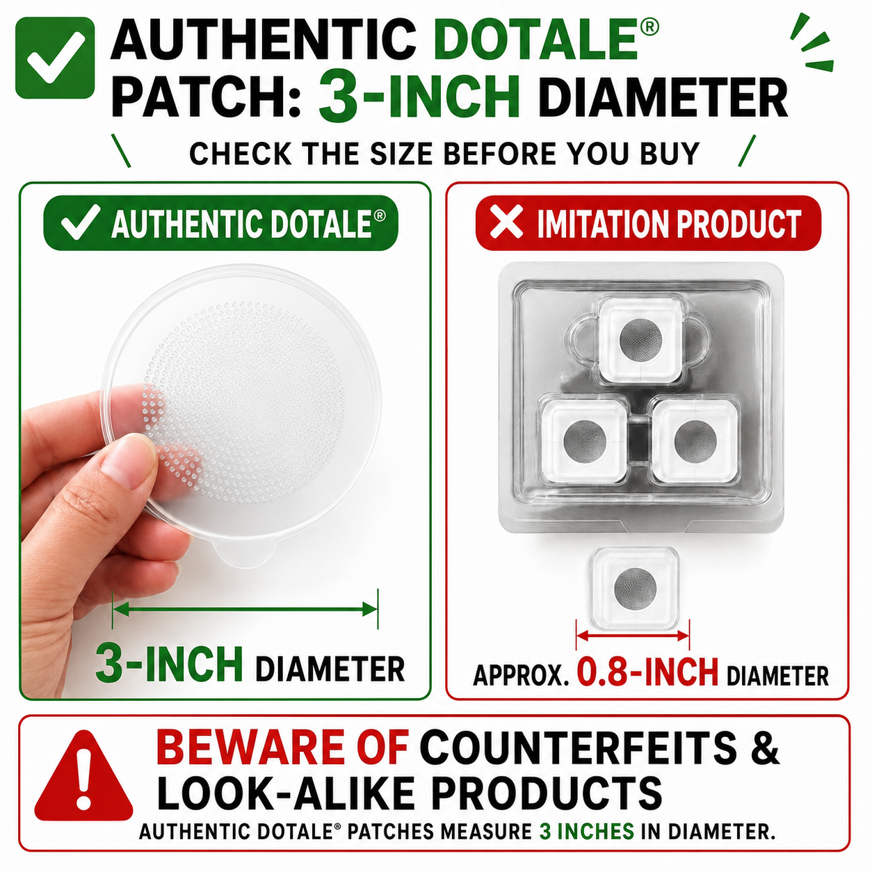 Authentic DOTALE 3-inch patch compared side by side with a 0.8-inch imitation product
